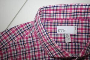 NORDSTROM RACK 17.5-36/37 Pink Plaid Cotton Spread Collar Dress Shirt