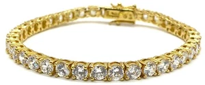 Mens Gold Tone Sterling Silver 925 Round CZ Tennis Bracelet 8 Inch Unisex - Picture 1 of 11