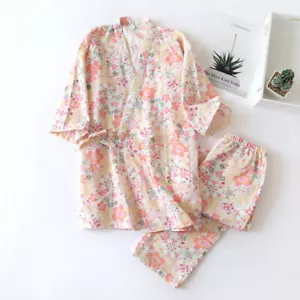 Pijama japonés Harajuku 100 % gasa algodón kimono top + pantalones mujer conjunto de camisón - Imagen 1 de 44