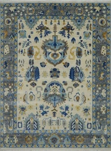 Handmade Antique Ivory-Blue Turkish Oriental Oushak Area Rug | Hand-Knotted Rug - Picture 1 of 9