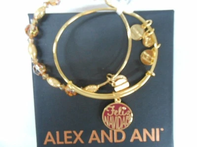 Alex And Ani Feliz Navidad Set Mit 2 Armreif Armbänder Glänzend Gold Tag Box - Bild 1 von 4