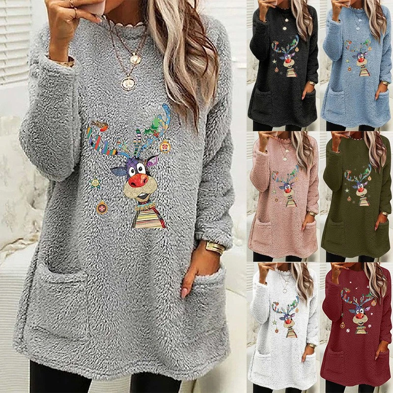 Ladies Christmas Reindeer Fleece Xmas Jumper Pullover Sweatshirts Tops PLUS SIZE - Image 1 of 4