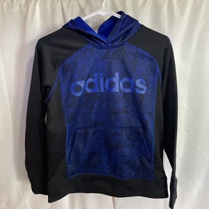 Adidas Boys Hoodie YL Fleece Lined Blue and Black Youth Size 10/12 - Picture 1 of 6