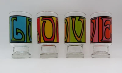 JUEGO DE 4 VASOS VINTAGE AÑOS 70 GROOVY LOVE ANCHOR HOCKING MCM RETRO RARO Foto 1 de 4
