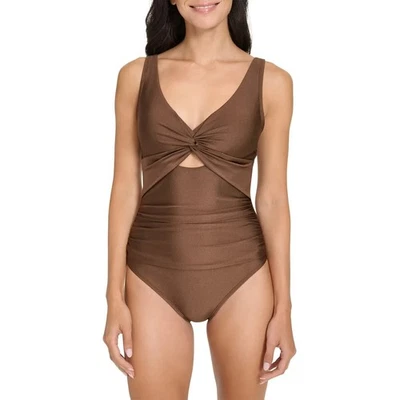 Traje de baño de una pieza DKNY para mujer Twist Cutout, marrón, grande Foto 1 de 2