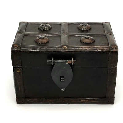 Small Wooden Trinket Treasure Box w/ Decorative Metal Accents Medieval - Image 1 of 4