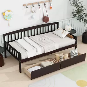 Twin size Bed Frame Pine Wood Daybed with Two Storage Drawers, 10 Support Slats - Picture 1 of 12