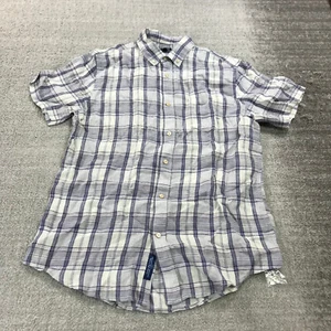 J Peterman Shirt Mens Medium Button Up Linen Blue Beige Pocket Short Sleeve - Picture 1 of 9