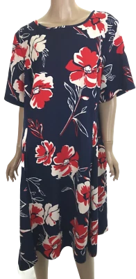 Tiana B. Size 20W ‘Scuba’ Fit & Flare Dress Navy w Red Floral Print Short Sleeve - Image 1 of 4