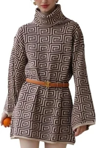 High Neck Lantern Sleeve Elegant Turtleneck Sweater Or Mini Dress Brown & Beige - Picture 1 of 5