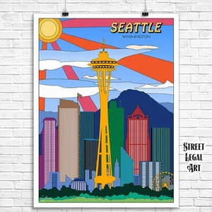 Seattle Washington City Watercolor Skyline Pop Art Print, Travel Decor - Picture 1 of 3