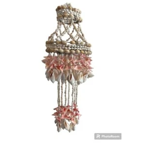 Vintage 70s Ivory & Peach Seashell Beaded Hanging Tiered Chandelier Coastal BOHO - Picture 1 of 7