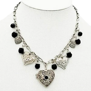 NWOT Silvertone Mult- Heart Dangling Charms Locket Black Glass Beads Necklace - Picture 1 of 6