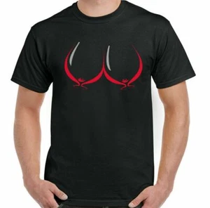 WINE BOOBS T-SHIRT Mens Funny Alcohol Beer BBQ Party Unisex Tee Top Xmas Red - Picture 1 of 20