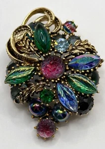 Magnificent Multicolor Rhinestone Pin Brooch Textured Art Glass Stones FLAW - Picture 1 of 11