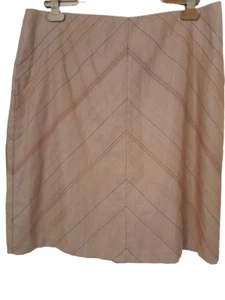 NEXT Petite Linen Knee Length Skirt BEIGE Brown Lined Zip Embroidered SIZE 16 - Picture 1 of 4