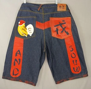 Evisu Genes Shorts Mens 38 Blue Red Rooster Paint Denim Embroidery Japan Rare - Picture 1 of 16
