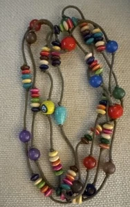 VTG Necklace With Wood, Enamel, Porcelain Beads Strand On Brown Cord 60” - Picture 1 of 4