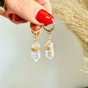 Klar Quarz Gold Handarbeit Boho Edelstein Kristall Creolen Creolen Schmuck - Bild 1 von 11