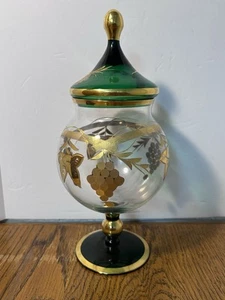 Vintage Böhmisch Smaragd Grün Gold Vergoldet Glas Apotheker Bonboniere Traubenmotiv - Bild 1 von 13