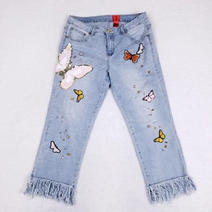 Cristina Jeans Butterfly Embellished Size 10 Blue Fringe Y2K Statement Denim - Picture 1 of 13