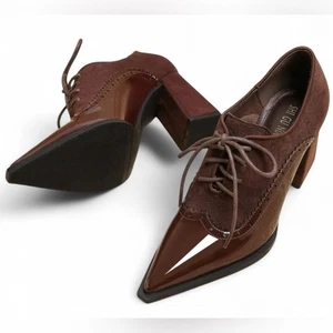 NIB EURO | SZ 40 US 8 | Vintage Brown Vegan Patent Leather Chunky Oxford Heels - Picture 1 of 6