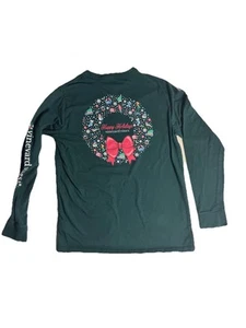 Vineyard Vines Christmas Wreath Whale Holiday Green Pocket Tee Large Boys Youth - Picture 1 of 4