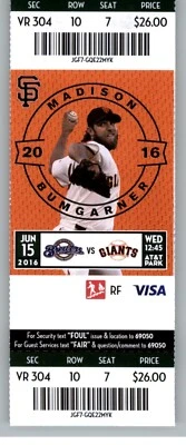 Boleto de los Cerveceros de Milwaukee vs Gigantes de San Francisco 15/06/2016 Madison Bumgarner. Foto 1 de 2