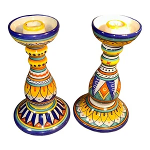 Italia Arte Popular Pintado a Mano Pilar Vela Base Soporte Conjunto de 2 8"" DEFECTUOSO - Imagen 1 de 10