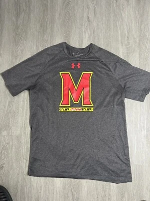 Maryland University Sports Under Armor  Shirt Men Large Grey Yellow Red W/ Black - Image 1 of 3