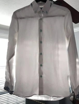 Coogi Luxe Mens Dress Shirt White Teal Green Paisley Trim. Small. MSRP $140 - Image 1 of 4