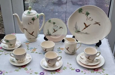 Vintage Antique Royal Doulton The Coppice Coffee Set Pot Milk Jug Pheasant 1942 - Image 1 of 4