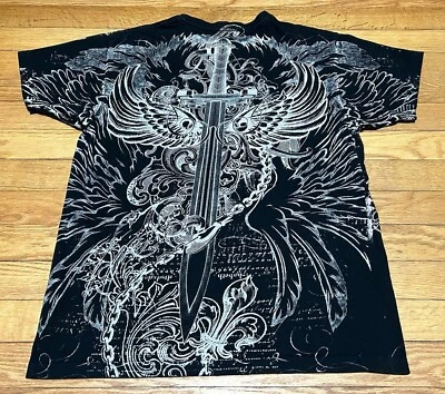 Vtg Y2K Affliction Style Gothic Sword Eagle Angel Wings AOP T-Shirt Size S - Image 1 of 4