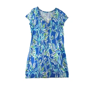 Lilly Pulitzer Dress Womens Sz Large Palmira Tee Blue Crush Bamboo Logo Buttons - Picture 1 of 7