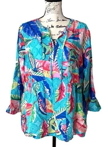 Ali Miles Damen Top Tropical Floral Vibrant Multicolor Print V-Ausschnitt Blau Größe L - Bild 1 von 8