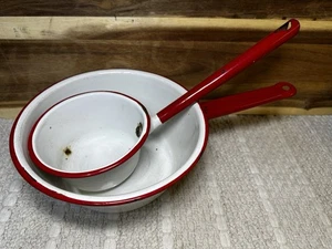 Vintage Red White Enamelware Long Handled Dipper 14” Ladle 8” Pan Farmhouse Set - Picture 1 of 16