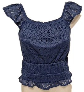 So Solid Blue Flutter Sleeve Crochet Crop Top Shirt Girl's/ Kid's Sz XL Poly Bld - Picture 1 of 17