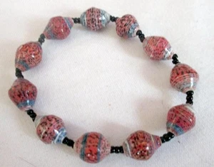 Stretch  Bracelet Wine Blue Mix Recycled Paper Bead Black Accent 7" Unstretched - Picture 1 of 2