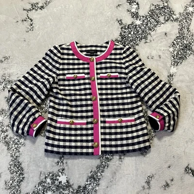 Blazer J Crew para mujer talla 2 azul marino multi granulado ribete chaqueta guinga tweed preppy Foto 1 de 4