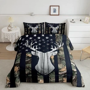 Camo American Flag Kids Comforter Sets Full Size,Deer Antlers Army Green Camo... - Picture 1 of 7