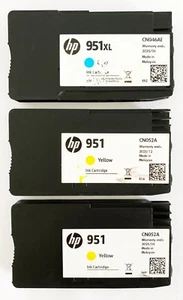Confezione 3 cartucce inchiostro giallo ciano HP 951XL originali HP 951XL OfficeJet 8100 senza scatola - Foto 1 di 3
