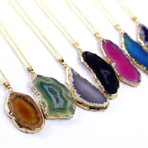 Agate Slice Charm Necklace w Gold Tone Trim, Agate Rock, Healing Gemstone, Gold - Picture 1 of 21