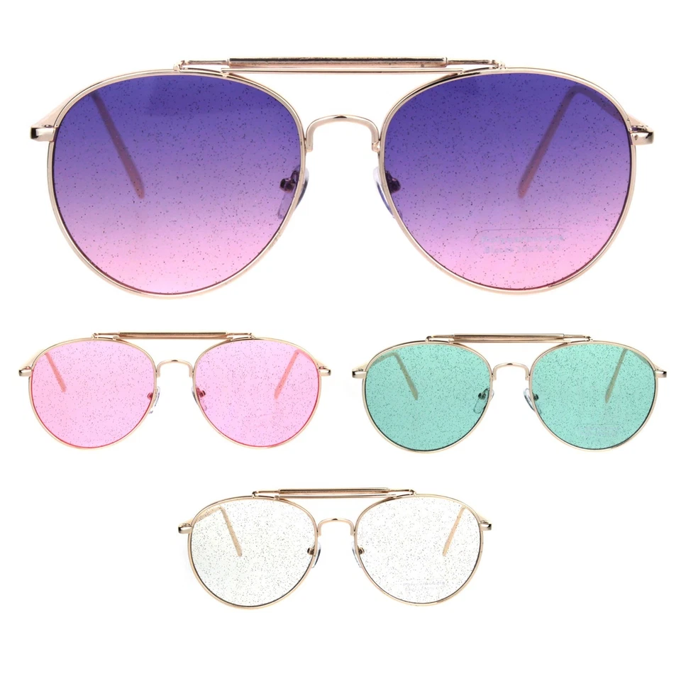 Womens Glitter Lens Metal Flat Top Clip Double Bridge Officer Pilots Sunglasses - Image 1 of 1