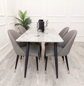 Zara Luxury Italian 1.4m White Grey Marble Stone Dining Table NEW - Picture 1 of 8