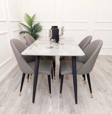 Zara Luxury Italian 1.4m White Grey Marble Stone Dining Table NEW - Image 1 of 4