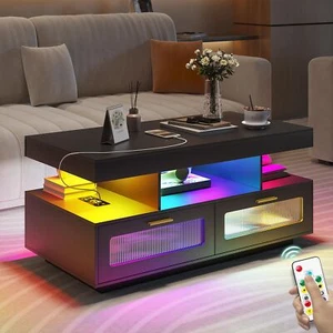 Modern LED Coffee Tables, Coffee Table with Storage 2 Drawers & Open Compartment - Picture 1 of 10
