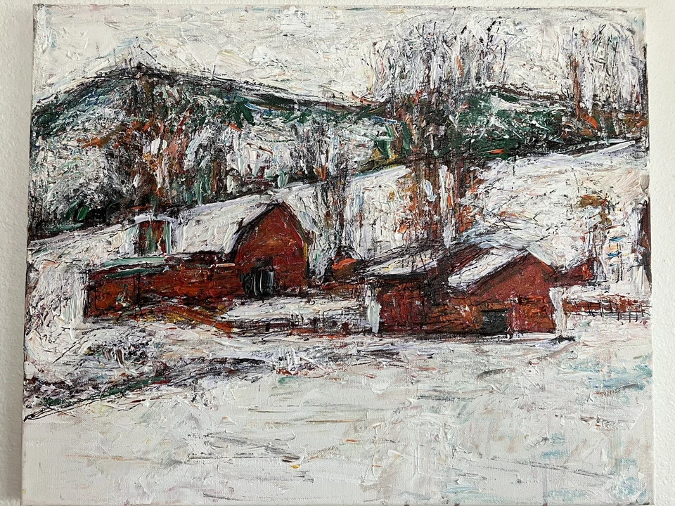GRANJA DE MONTAÑA EN INVIERNO, 16x20 ORIGINAL pintura acrílica sobre lienzo, de JR Murphy Foto 1 de 1