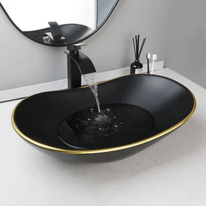 Lavabo lavabo de cerámica ovalado negro dorado baño lavabo mezclador grifo drenaje - Imagen 1 de 8