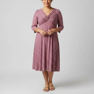 VTG Signature by Robbie Bee Mauve Polka Dot Ruched Dress V-Neck Cottagecore Y2K - Imagen 1 de 9