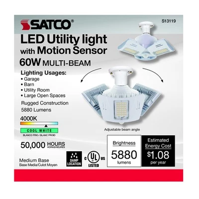 Satco . Wide Surface E26 LED Motion Sensor Utility Light Cool White 60W - Image 1 of 2
